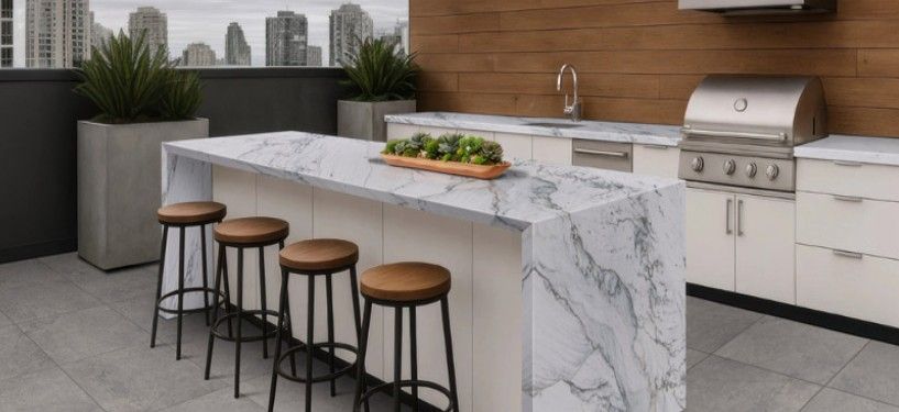 An outdoor kitchen with a white marble waterfall island, four bar stools, a grill, and gray tile flooring on a terrace.