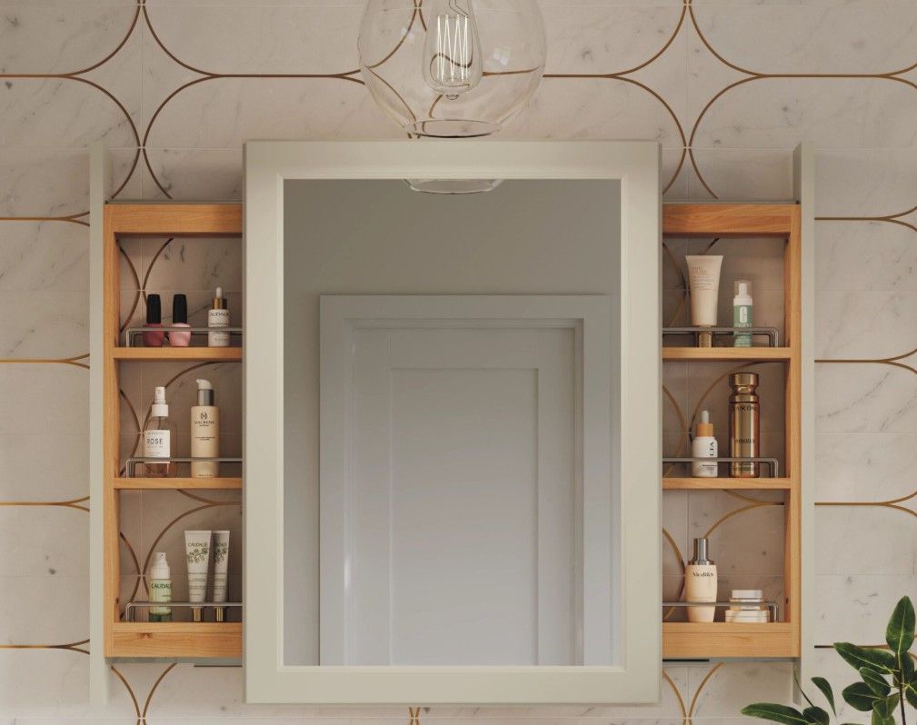 Wall-mounted medicine cabinet with a central mirror flanked by open, light-wood shelves containing various toiletries.