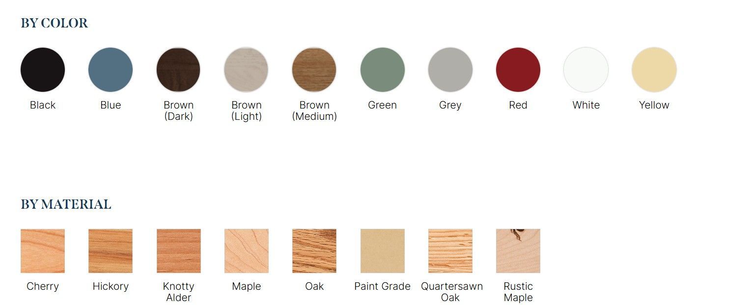 A two-row display of design options, listing color swatches on top and wood material samples on the bottom.