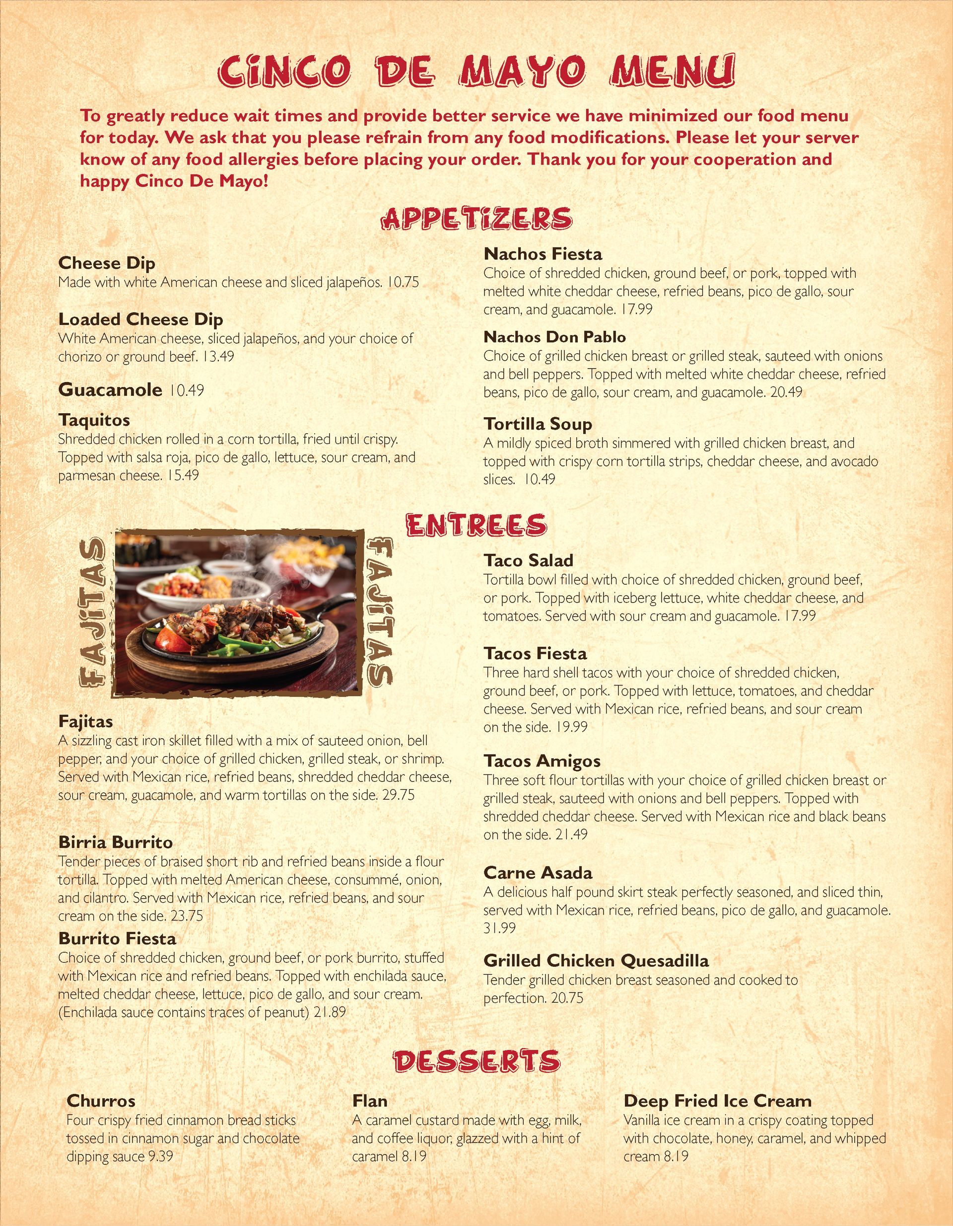 A menu for a restaurant with a picture of food on it.