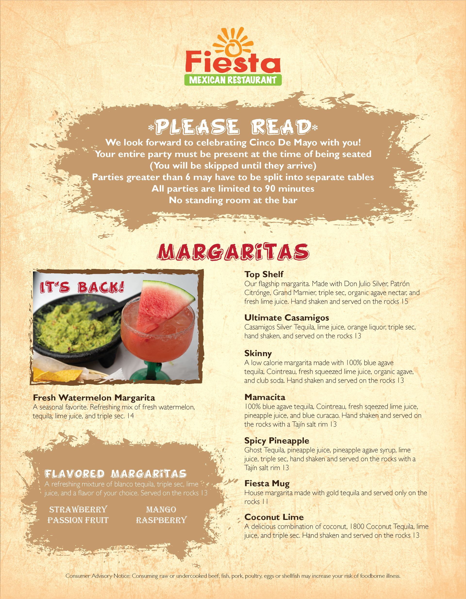 A menu for fiesta with a picture of a margarita on it