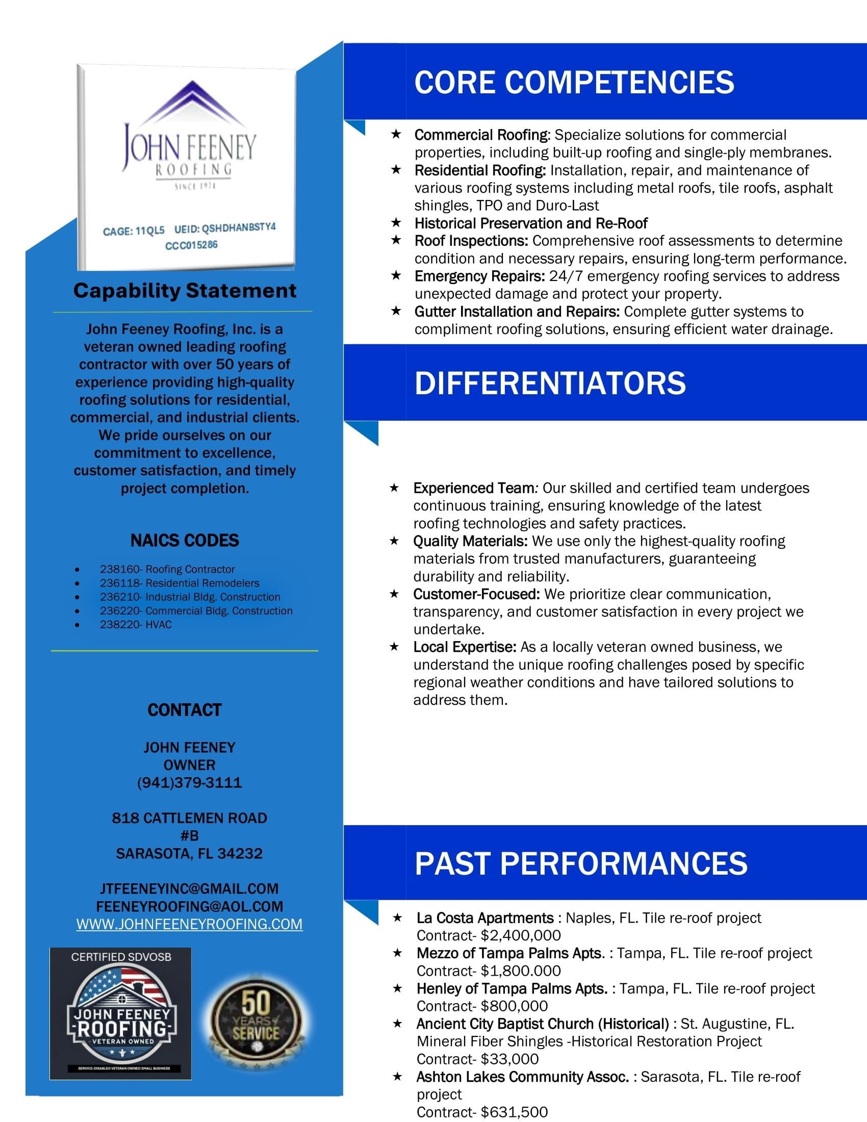 A brochure for John Feeney roofing shows the core competencies , differentiators , past performances , and contact information.