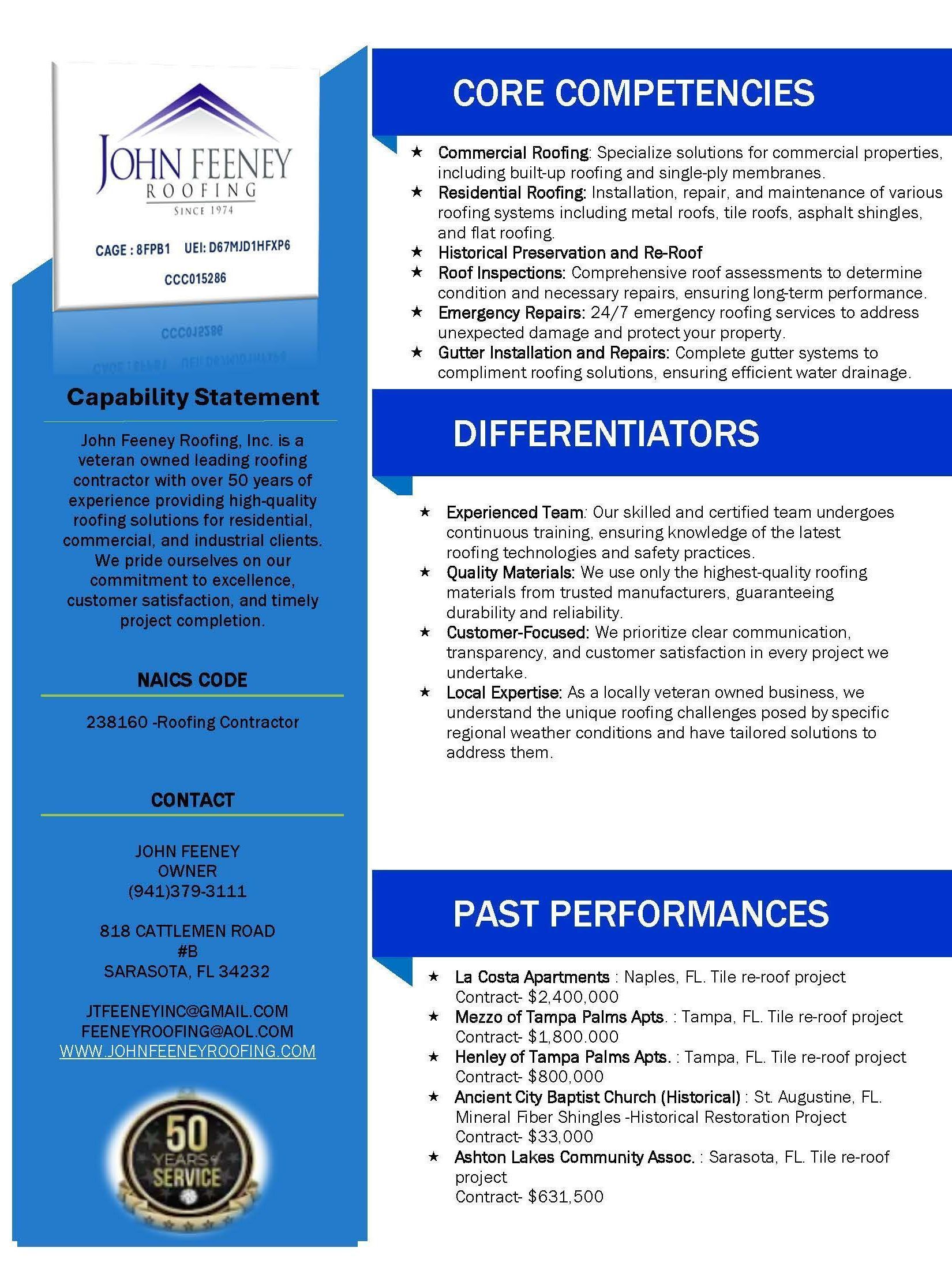 A brochure for john feeney roofing shows the core competencies , differentiators , past performances , and contact information.