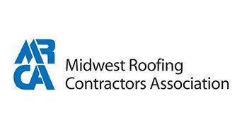 The logo for the Midwest Roofing Contractors Association is blue and white.