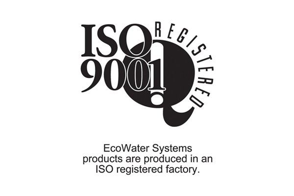 A logo for iso 9001 ecowater systems products are produced in an iso registered factory