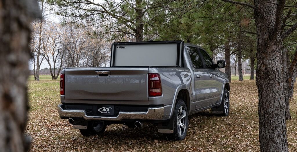 A gray Ram pickup truck parked among trees in a grassy field. The rear of the truck is visible.