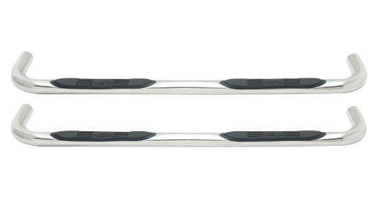 Pair of chrome truck running boards with black step pads, shown against a white background.