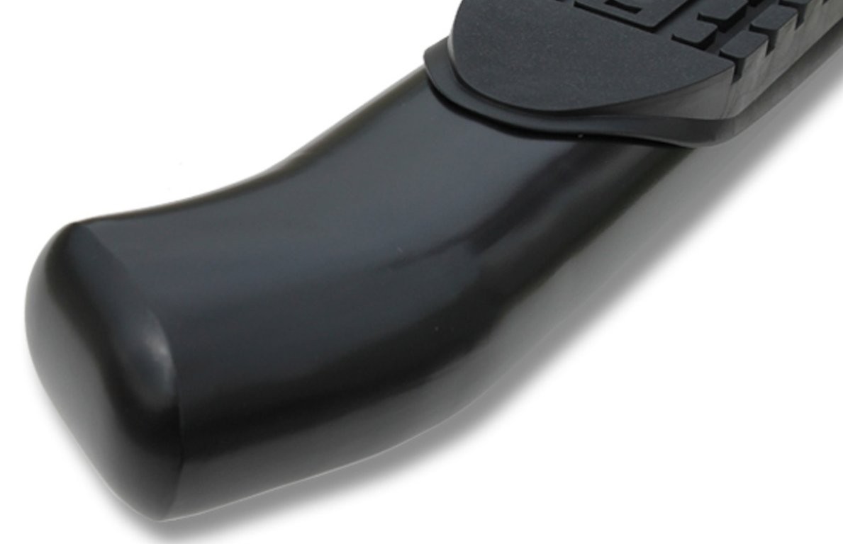 Black side step for a vehicle, with a curved design and a textured stepping surface.