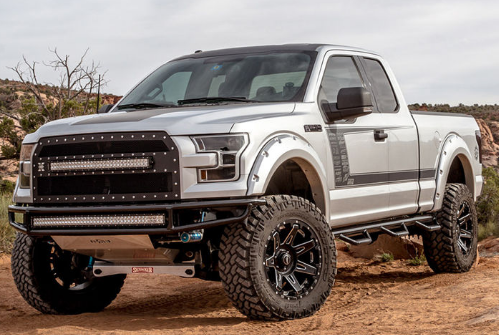 Silver lifted Ford F-150 with black accents, off-road tires, and LED light bars parked on a dirt road.