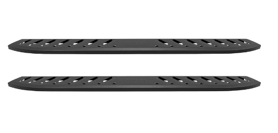 Two black running boards with angled cutouts, presumably for a vehicle.