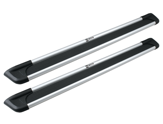 Two silver and black running boards for a vehicle. They have a textured black step surface.