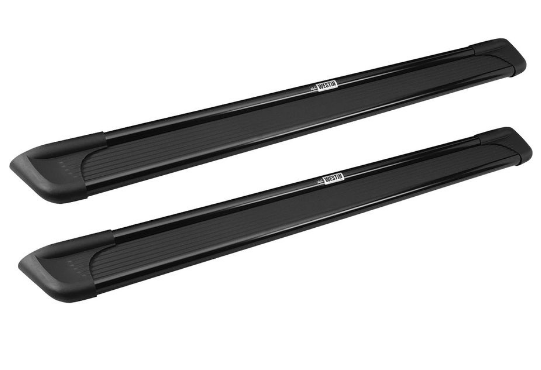 Black running boards for a vehicle, angled slightly.