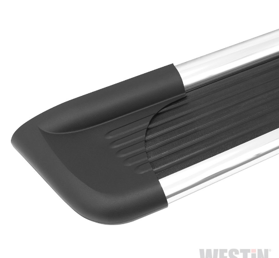 Black and silver truck running board. Features a black textured step with silver bars and a black end cap.