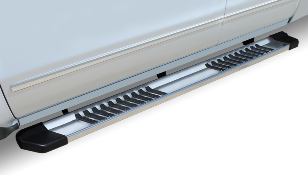 Silver running board attached to the side of a white vehicle. It has black end caps and rubber step pads.