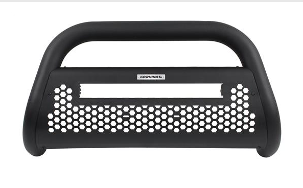 Black bull bar for a truck, with a horizontal bar, curved sides, and a honeycomb pattern.