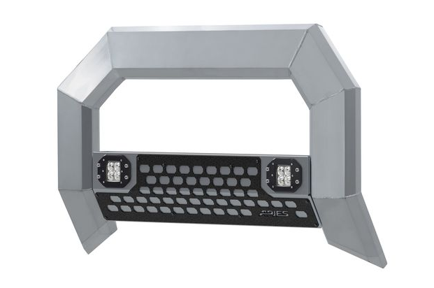 Silver truck bumper with a black mesh grille and LED lights.