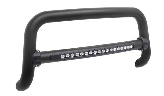 Black bull bar with a horizontal LED light bar across the middle; for a vehicle.