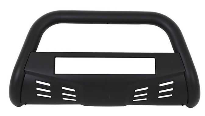 Black bull bar for a truck, with an open rectangular section in the center and ventilation slits at the bottom.