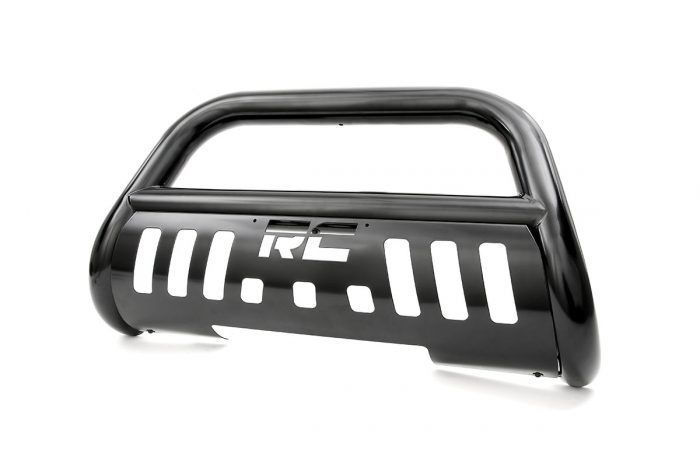 Black bull bar for a vehicle, featuring the brand name 