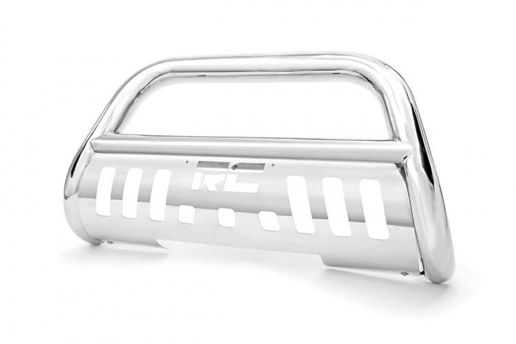 Chrome bull bar for a vehicle. It has a horizontal top bar and a lower slotted guard.