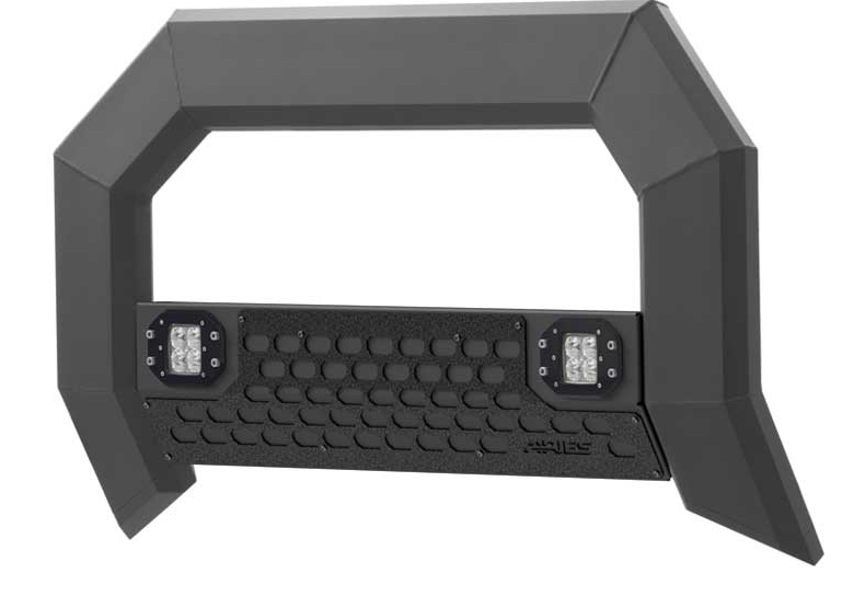 Black truck bull bar with integrated LED lights and a textured center panel.