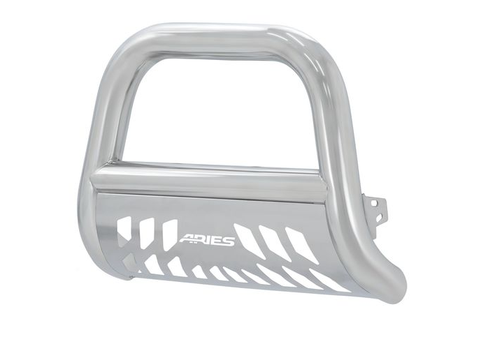 Shiny chrome Aries bull bar attached to a vehicle, providing front-end protection.
