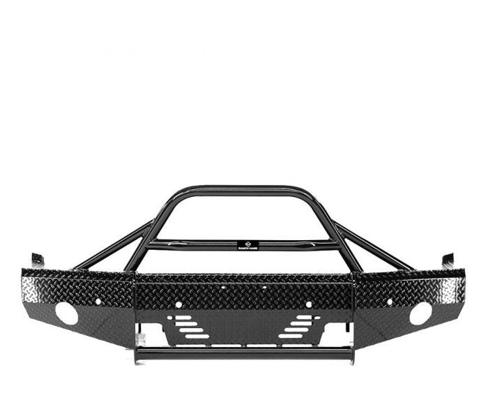 Black diamond-plate truck bumper with a center hoop, likely for off-road use. It has openings for lights and a winch.