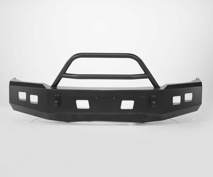 Black, off-road truck bumper with a bull bar, designed for vehicle protection. Features light openings and a sturdy build.