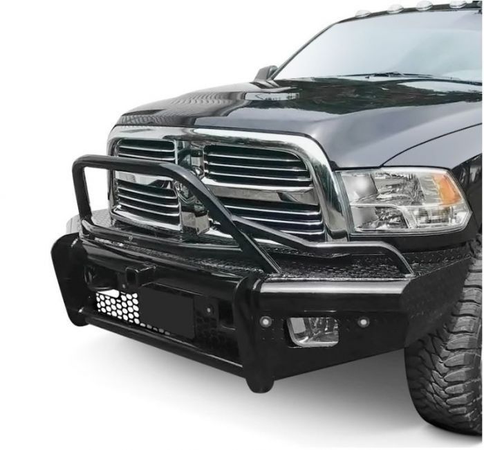 Black truck with a heavy-duty front bumper and grille guard. The truck is on a white background.