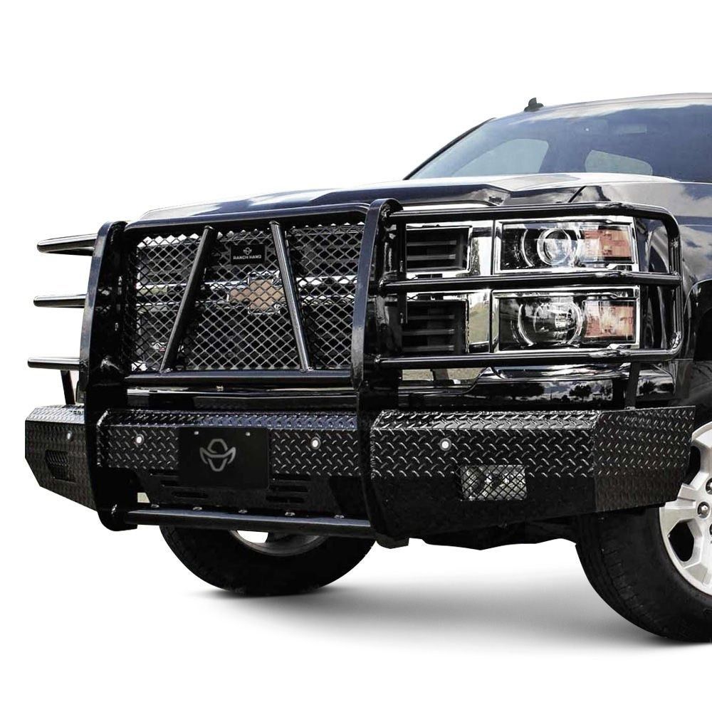 Black truck with heavy-duty front bumper and grille guard. Diamond plate design on the bumper, against a white background.