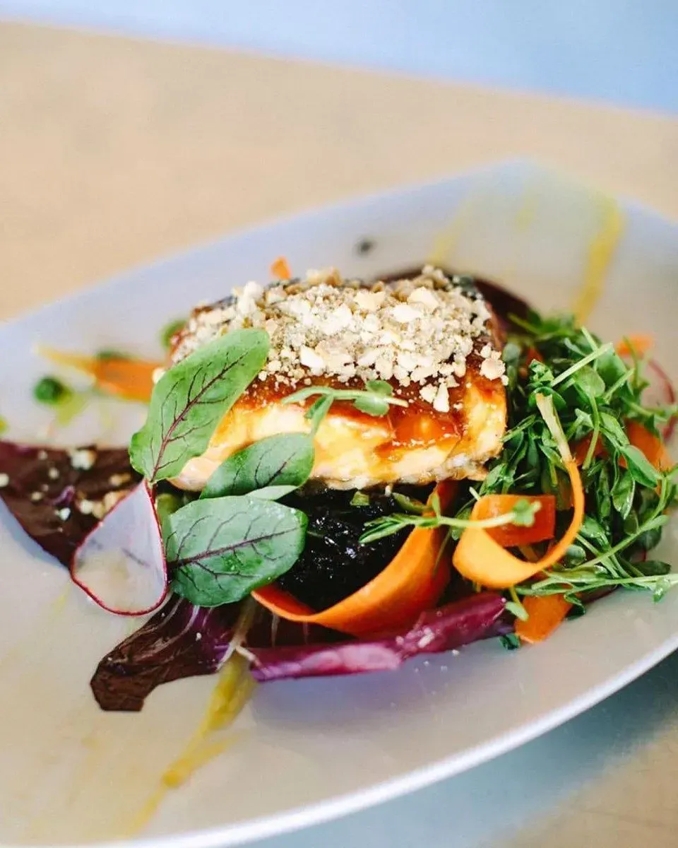 Gourmet plated salad with grilled cheese, greens, nuts, and orange slices on a white plate