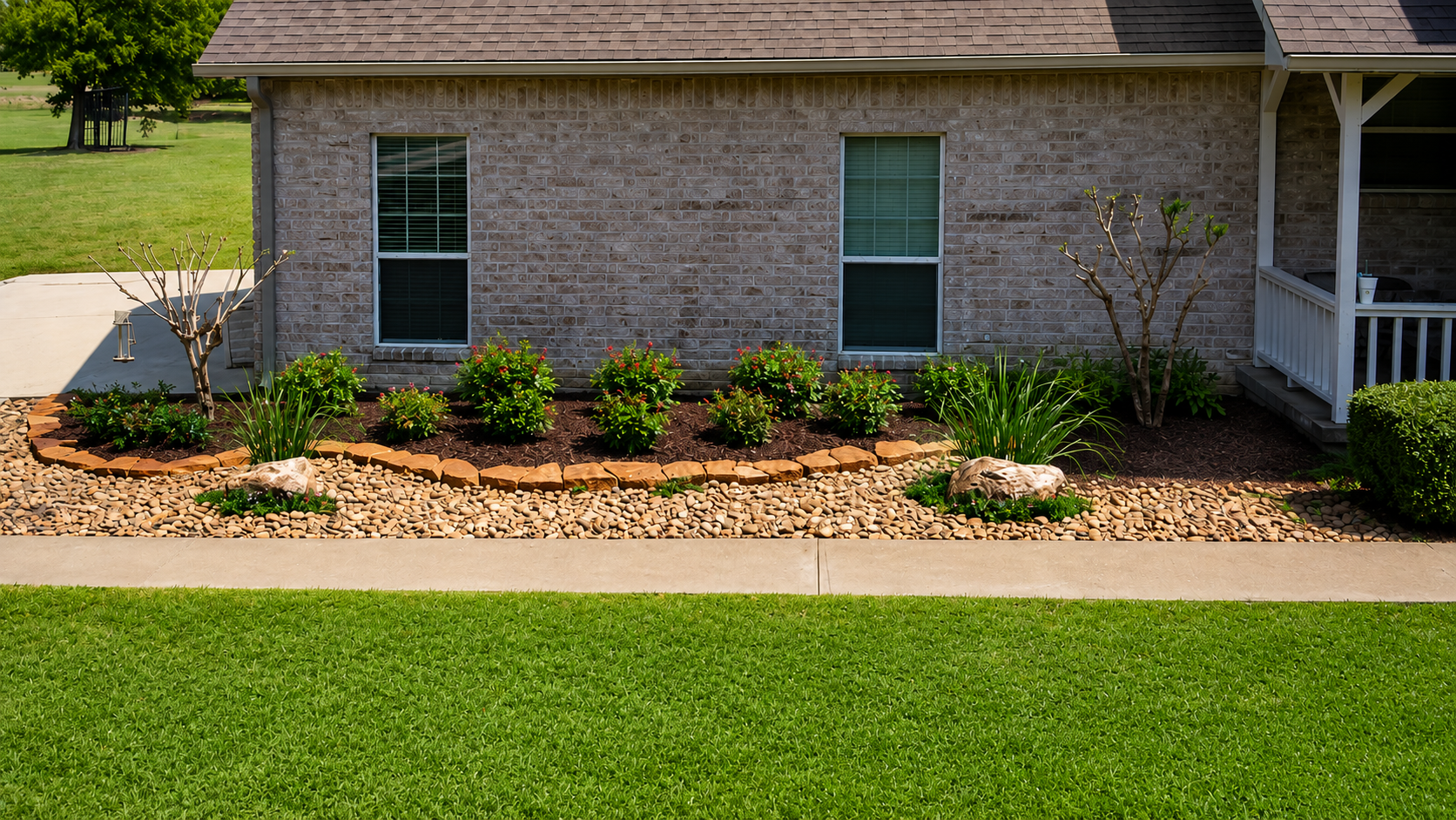 Before-and-after of a flower bed. Top: overgrown, dull. Bottom: refreshed with stone pathway and new plants.