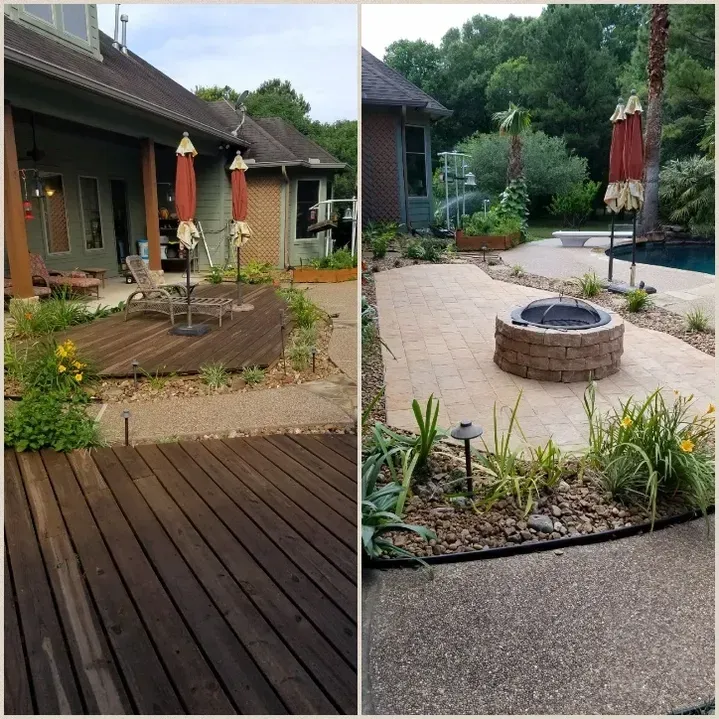 Before and after backyard patio renovation with fire pit, plants, and pool.