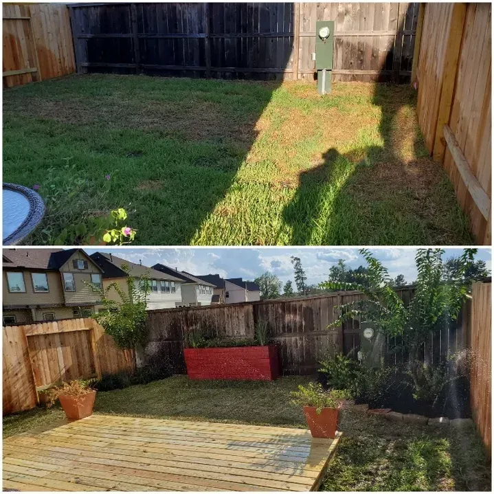 Before and after of a backyard, with improvements including a patio, plants, and a red planter box.