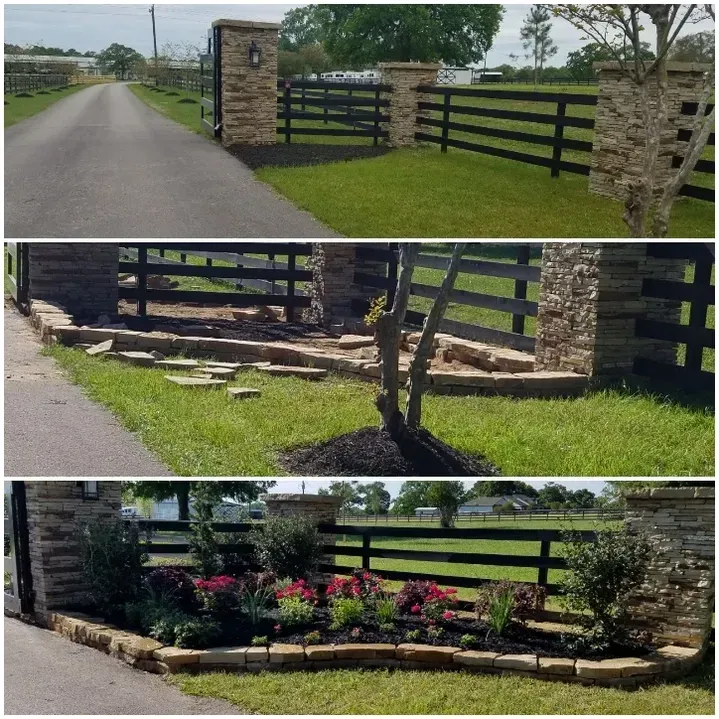 Three-panel photo showing a driveway entrance with stone columns and a black fence, landscaping transforms over time with each panel.