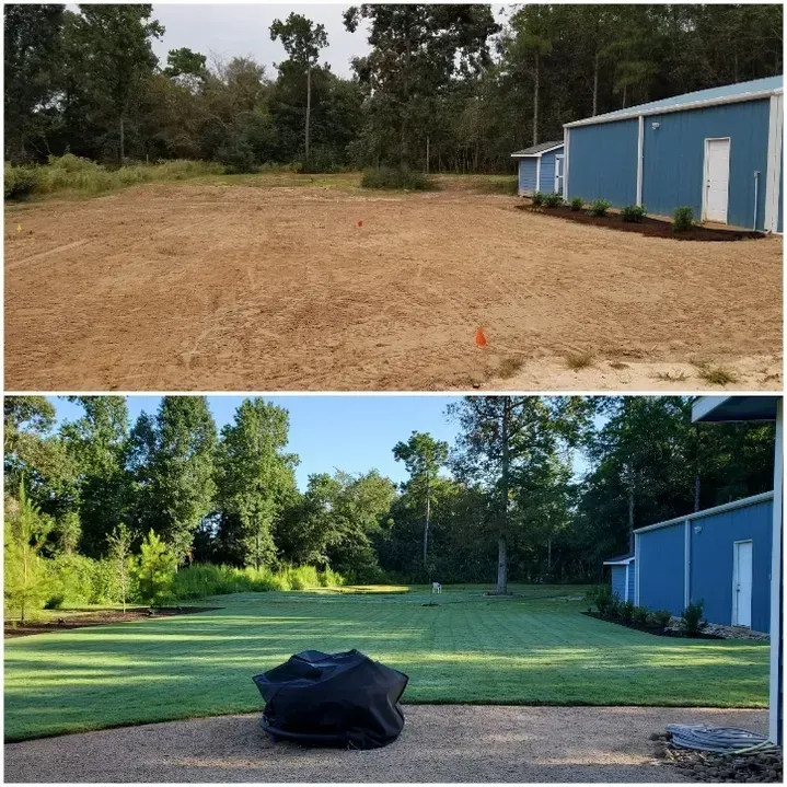Before-and-after of a yard. Top shows brown dirt; bottom shows green grass with blue buildings.