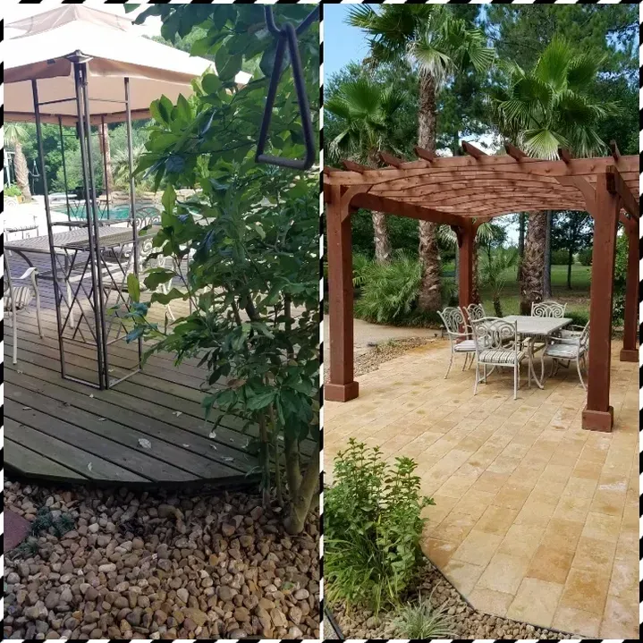 A comparison of two outdoor seating areas: one with a gazebo and wooden deck; the other with a pergola and stone patio.