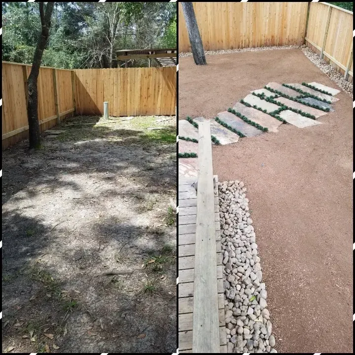 A before and after view of a backyard. The 