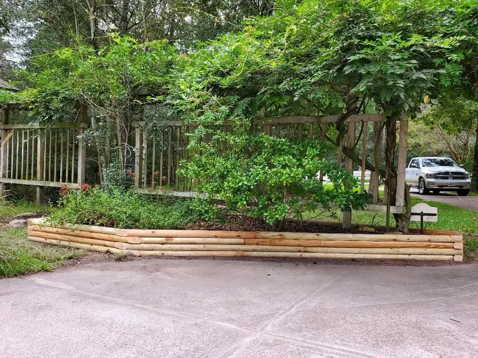 Wooden-edged garden bed with plants, a fence, and a car on a driveway.