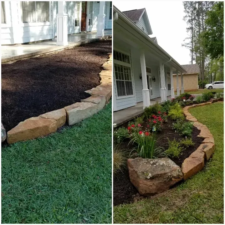 A split image shows a house with a rock-bordered flower bed filled with dark mulch and plants.