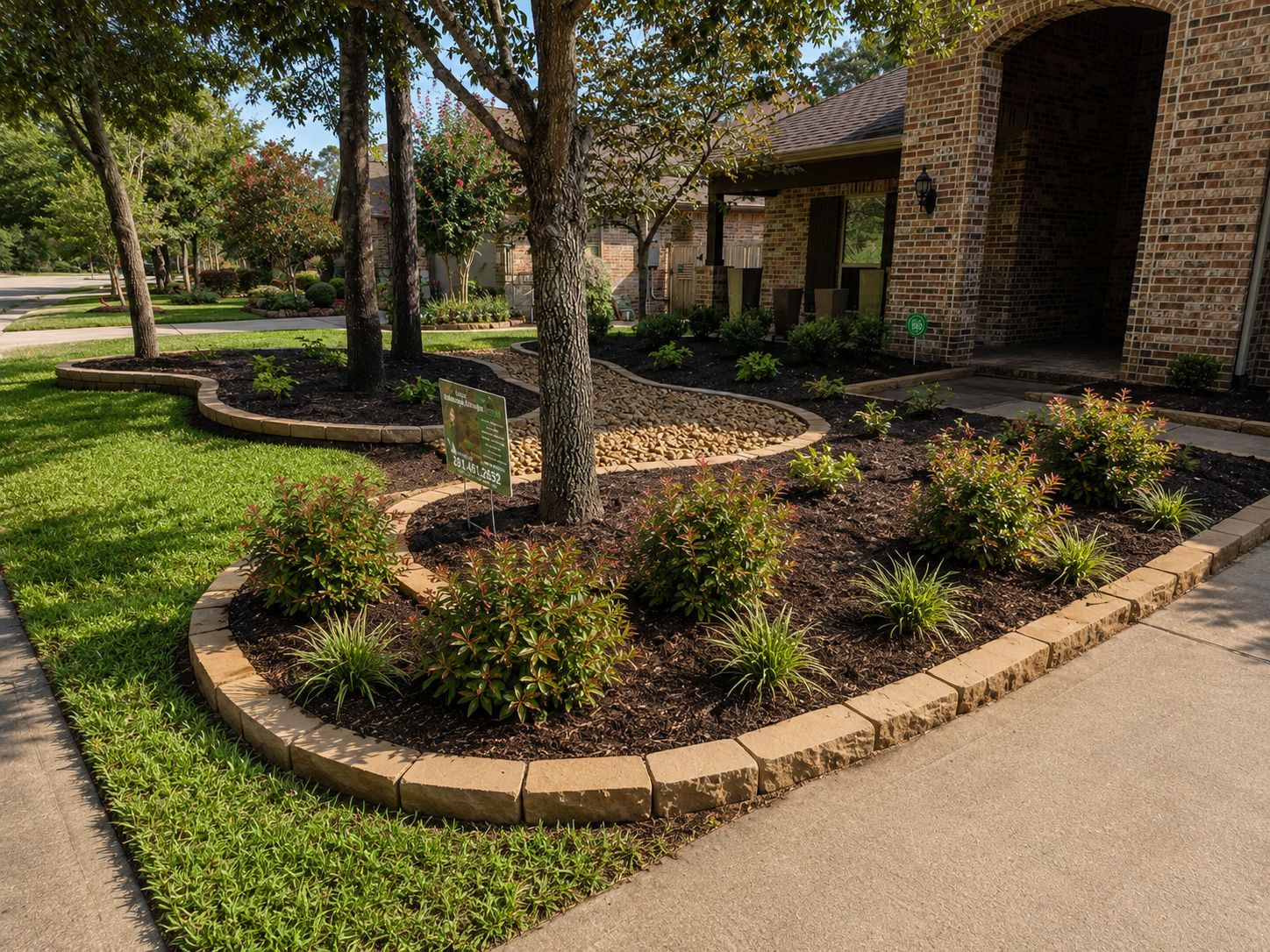 Landscaped garden bed with shrubs and trees beside a stone building and sidewalk
