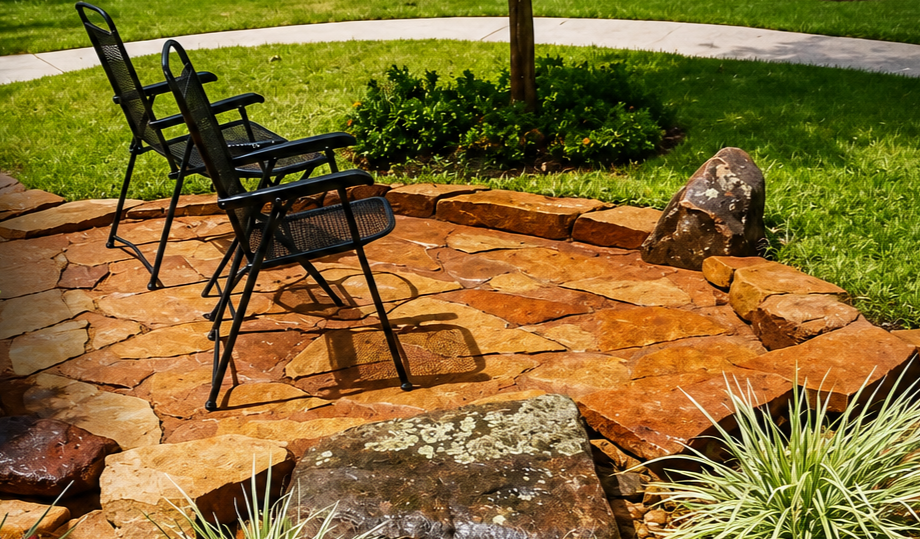 Two black patio chairs on a stone patio beside a green lawn and shrubs