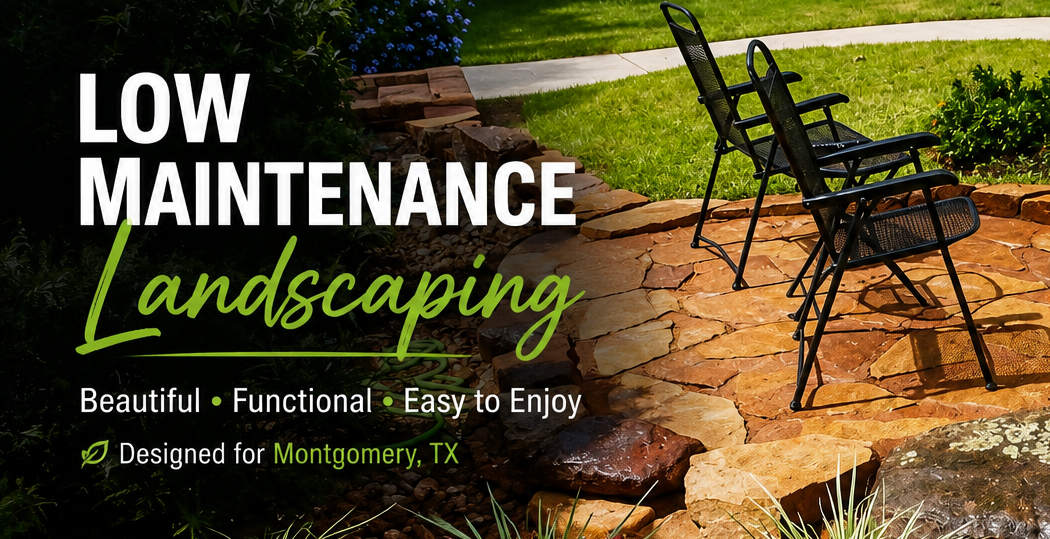 Low maintenance landscaping with stone path, yellow flowers, and garden chairs in a sunny yard
