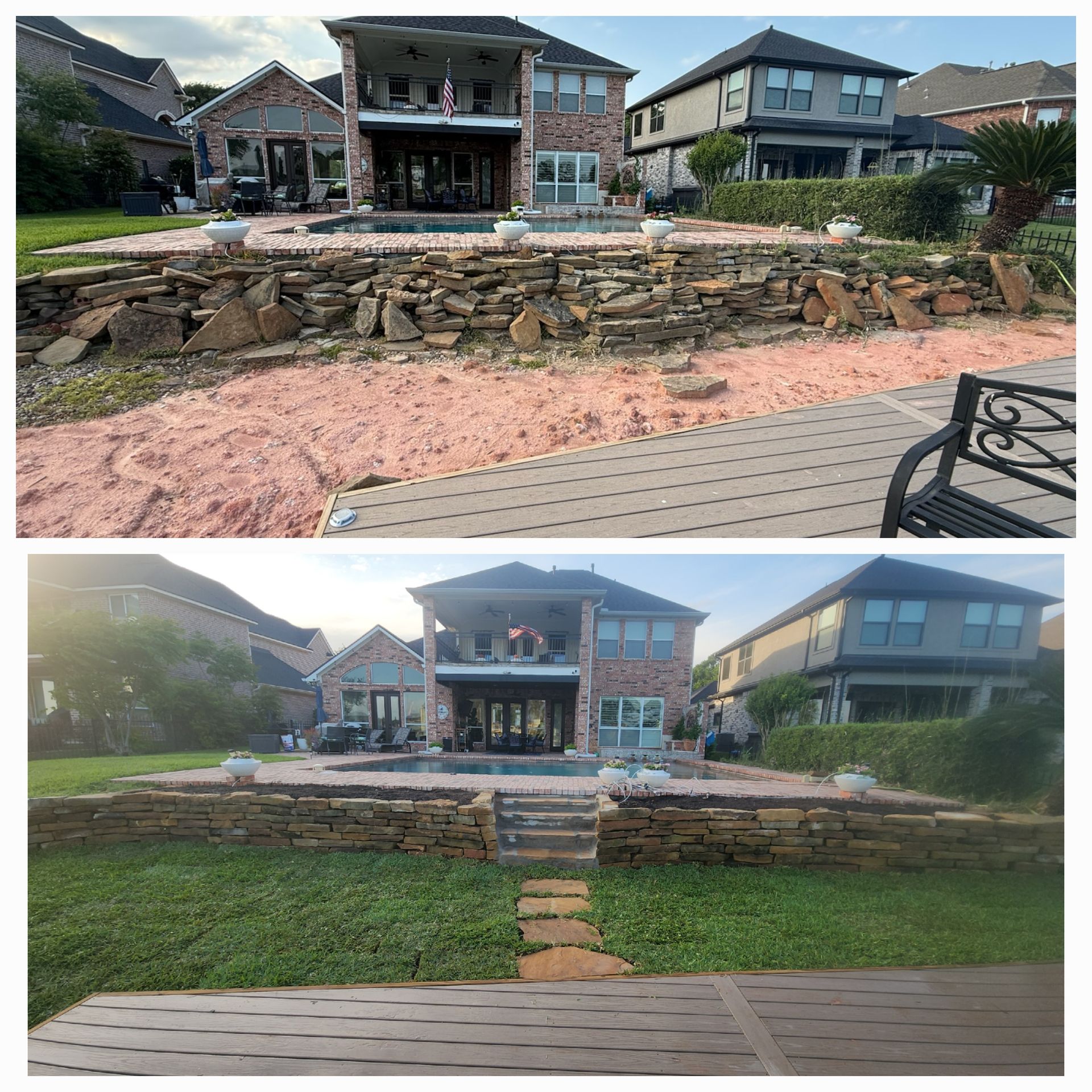Before-and-after of a backyard with a home, pool, rock wall, and landscaping. The 