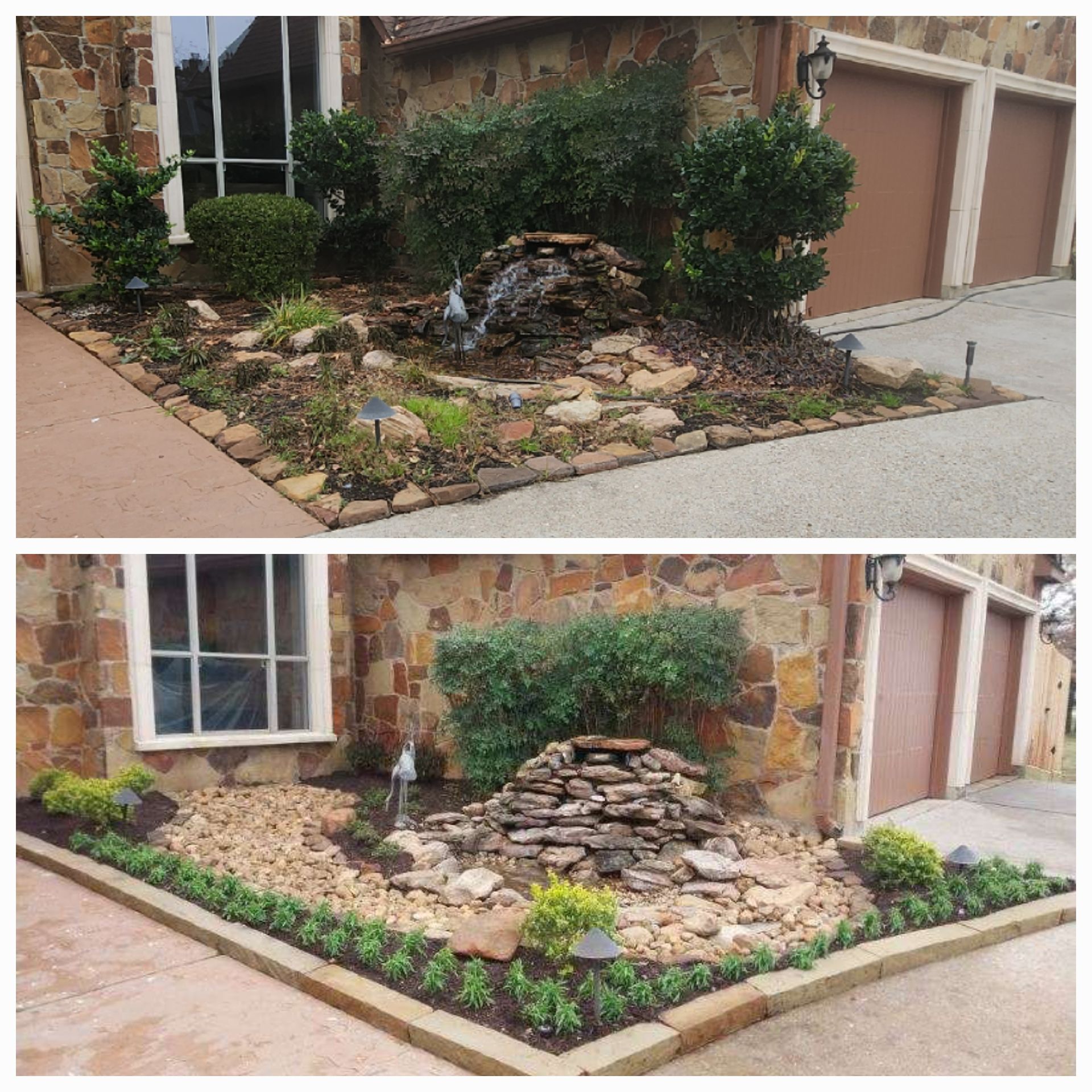 Two photos showing before and after landscaping with a rock waterfall.