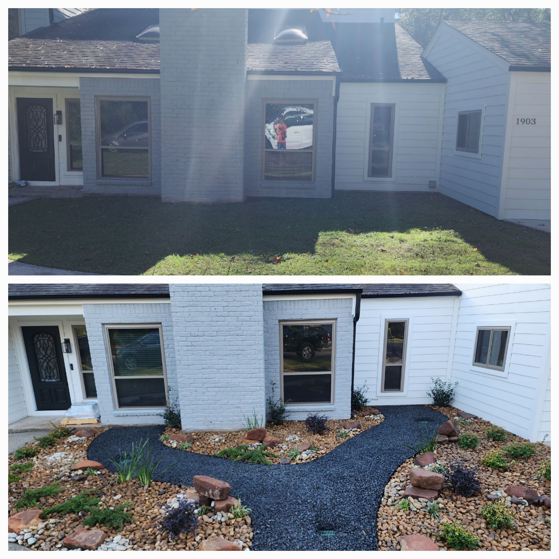 Before and after photos of a house exterior. Top: grey brick chimney, white siding, small lawn. Bottom: landscaping with rock path added.