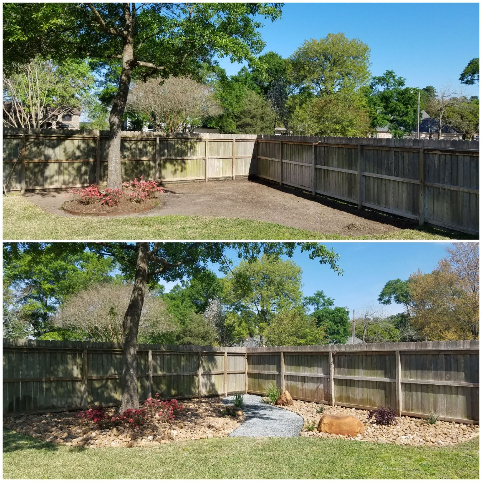 Before-and-after of a backyard area with a fence, tree, and a garden bed being redesigned with gravel and rock.
