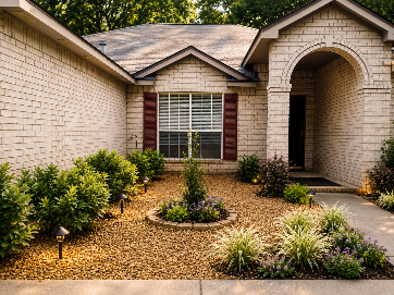 Front yard of a brick house with trimmed shrubs, mulch beds, and a covered entryway