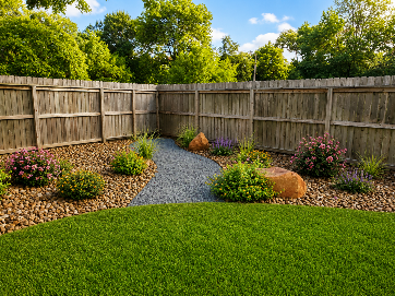 Landscaped backyard garden with gravel path, flower beds, wooden fence, and lush green lawn