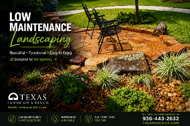 Low-maintenance landscaping with rocks, succulents, and a stone path in a Texas yard